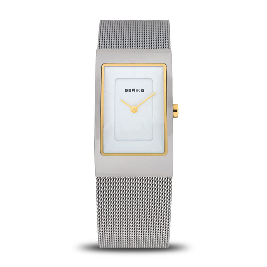 Damenarmbanduhr mit Milanaise-Armband und Saphirglas, silberfarbenem Gehäuse