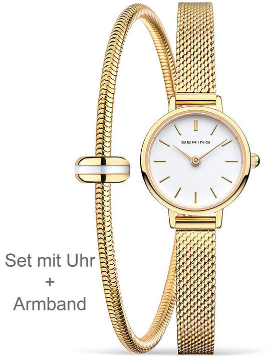 Goldfarbene Damenuhr mit weißem Zifferblatt und Milanaise-Armband, rundes Gehäuse
