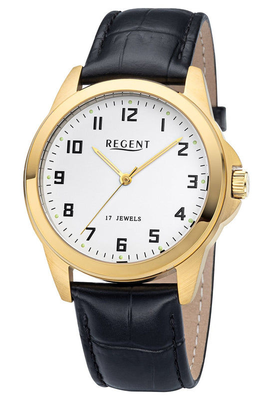 Regent F-1631 Herrenuhr Schwarz/Goldfarben • Mechanisches Handaufzugswerk • Mineralglas