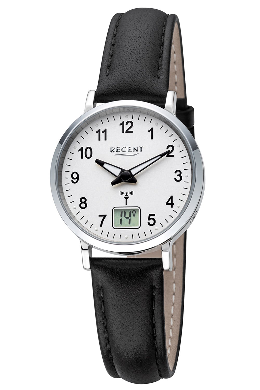 Regent FR-296 Damen Armbanduhr Schwarz/Silberfarben • Funkuhr DCF77 • Gut Ablesbar