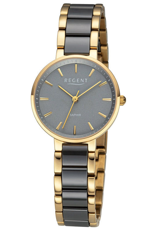 Regent 12211130 Damen-Armbanduhr Goldfarben/Grau • Saphirglas • Keramik-Lünette