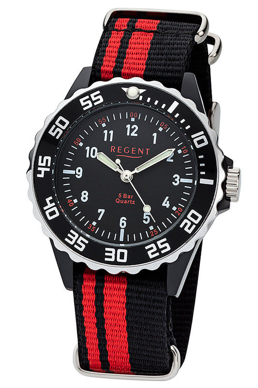 Regent F-1124 Kinderuhr Schwarz/Rot • 5 Bar Wasserdicht • Drehbare Lünette