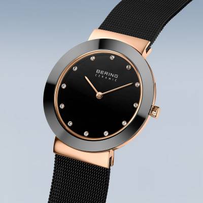 Bering Ceramic 11435-166 Damenuhr Schwarz-Roségold • Saphirglas • Milanaise-Armband, Bild 3