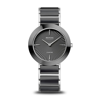 Bering Ceramic 11435-702 Damenuhr Schwarz-Silber • Saphirglas • Vier echte Diamanten