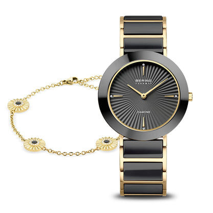 Bering 11435-732-GWP Ceramic Damen Armbanduhr Schwarz-Gold • Saphirglas • Keramikgehäuse mit Swarovski-Kristallen