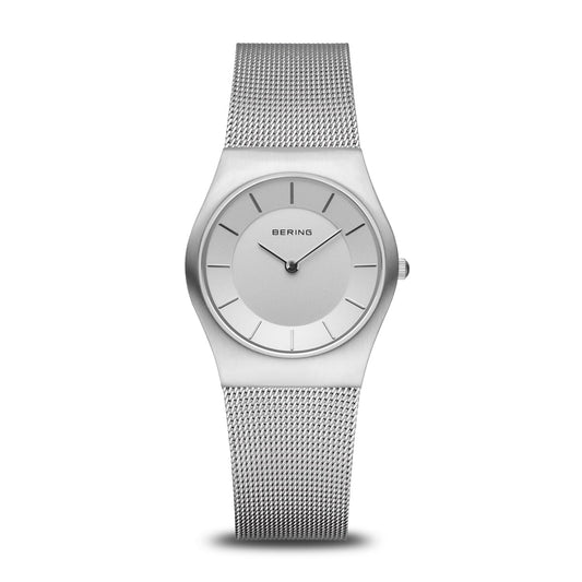 Damenuhr mit Milanaise-Armband und rundem Zifferblatt, silberfarben, Saphirglas