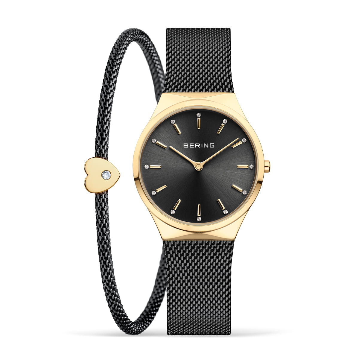 Bering Classic 12131-132-GWP Damenuhr Goldfarben • Saphirglas • Milanaise-Armband mit Charm-Armband