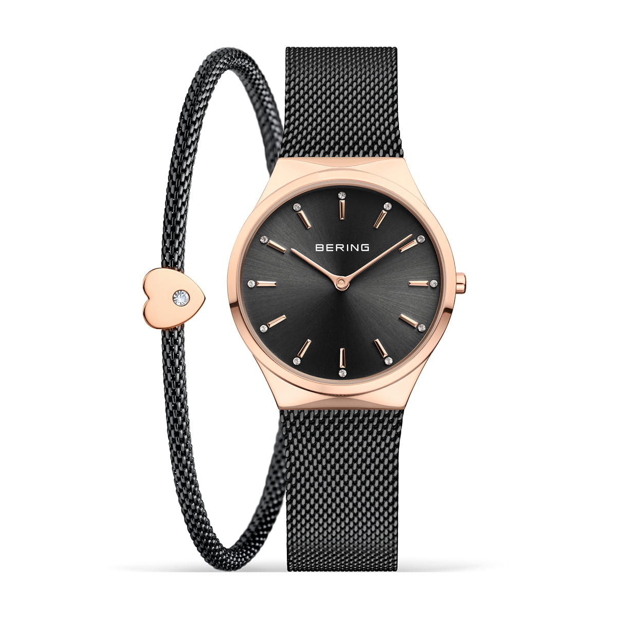Bering Classic 12131-169-GWP Damenuhr Roségold-Schwarz • Saphirglas • Milanaise-Armband Set
