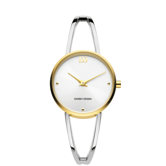 Damenuhr mit rundem Gehäuse, silbernem Metallarmband und goldener Lünette