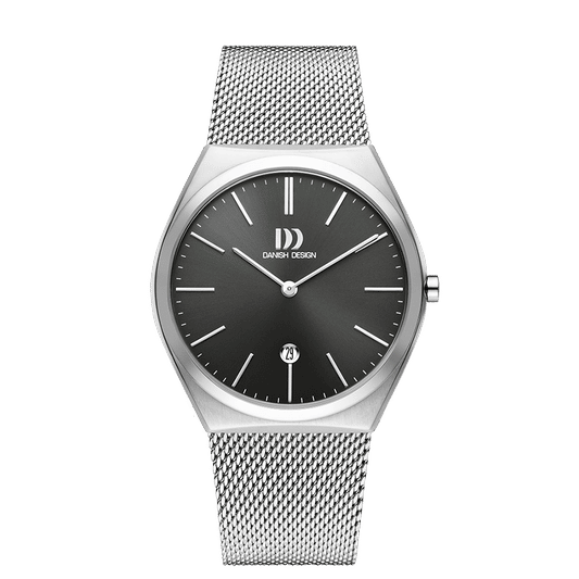 Herrenuhr mit schwarzem Zifferblatt, silbernem Edelstahl-Mesharmband und Mineralglas