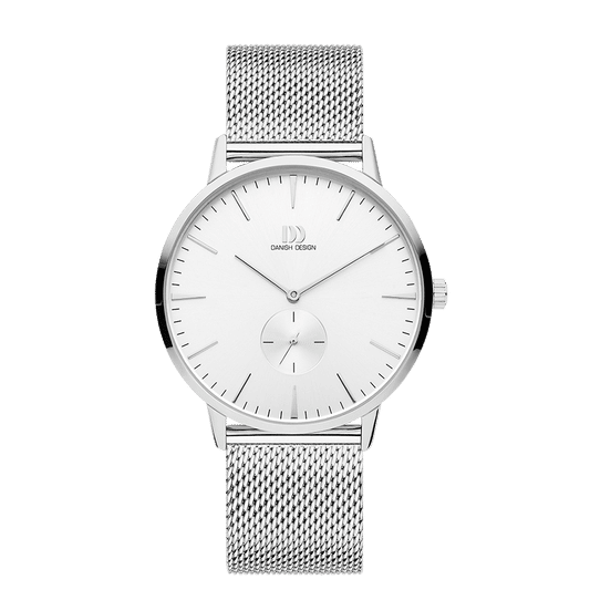 Silberne Herrenarmbanduhr mit weißem Zifferblatt und Milanese-Armband, Petite-Sekunde