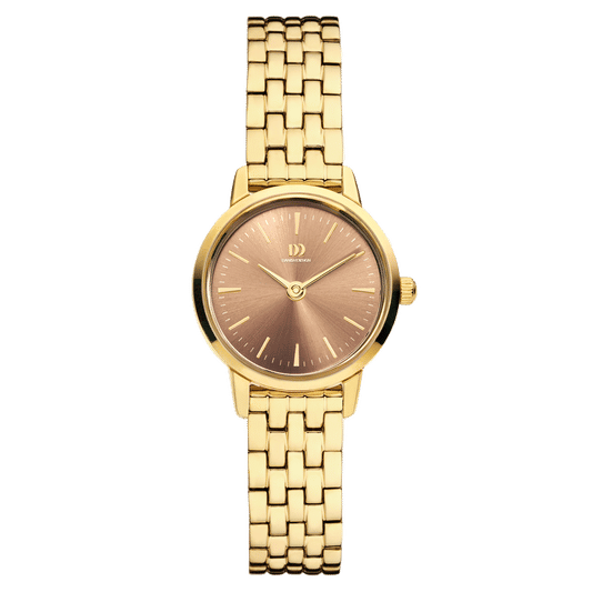 Damenuhr mit goldfarbenem Metallgliederarmband und rundem dunkelbraunem Zifferblatt