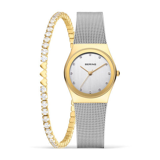 Damenuhr-Set: goldfarbene Mesh-Uhr mit silbernem Zifferblatt und Kristallarmband