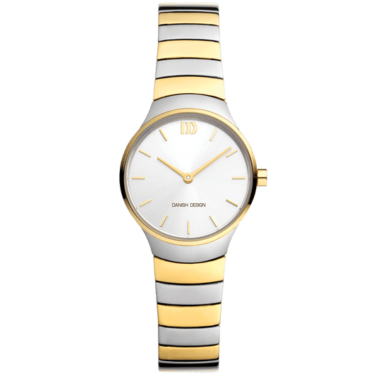 Bicolor-Damenuhr mit weißem Zifferblatt und silber-goldenem Gliederarmband