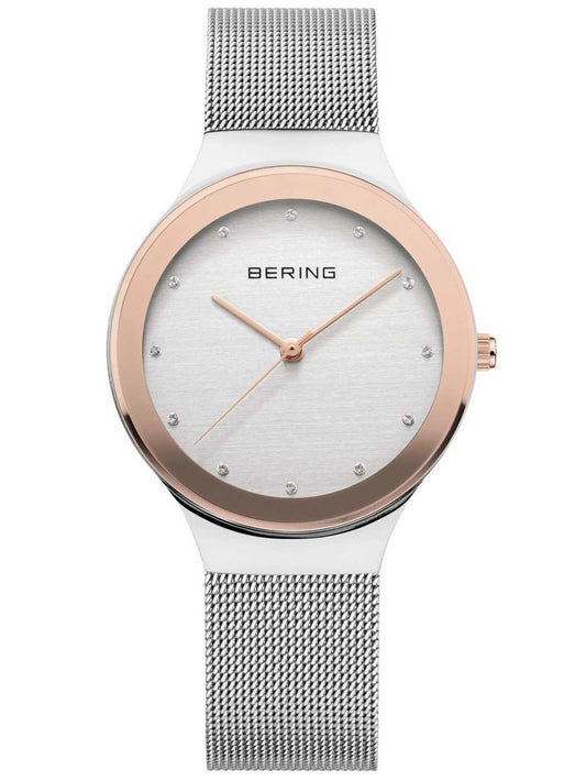 Damenarmbanduhr mit silbernem Edelstahlband, roségoldener Lünette und Index-Ziffern