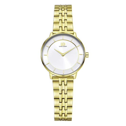 Damenuhr mit goldfarbenem Metallarmband und weißem Zifferblatt, Analoganzeige