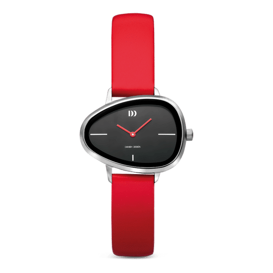 Danish Design Damenuhr: rotes Lederarmband, schwarzes Zifferblatt, Mineralglas