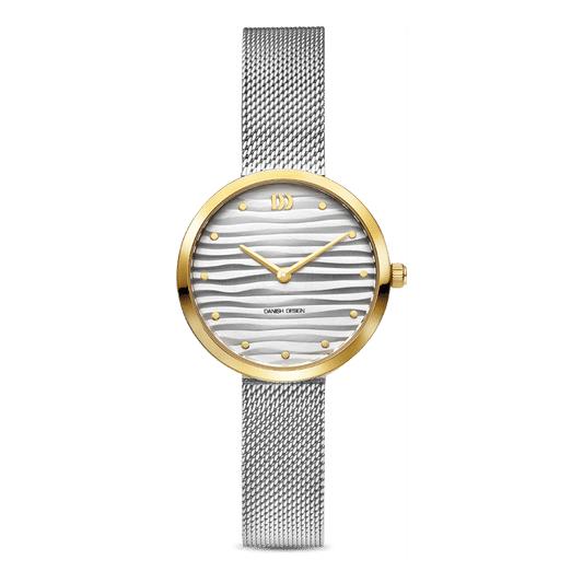 Bicolor-Damenuhr mit Milanese-Armband, rundem Gehäuse und weißem Wellenzifferblatt