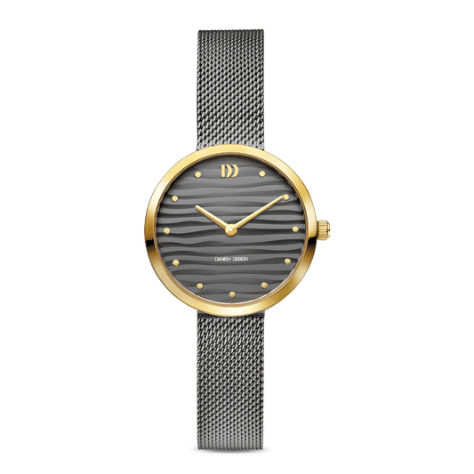 Damenuhr mit grauem Mesh-Armband und rundem Zifferblatt, goldene Lünette