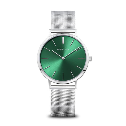 Bering Classic Damenarmbanduhr mit grünem Zifferblatt und silbernem Milanaise-Armband