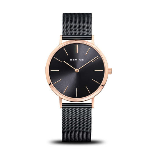 Bering Damenuhr mit dunklem Zifferblatt, Roségoldgehäuse und schwarzem Milanaise-Armband