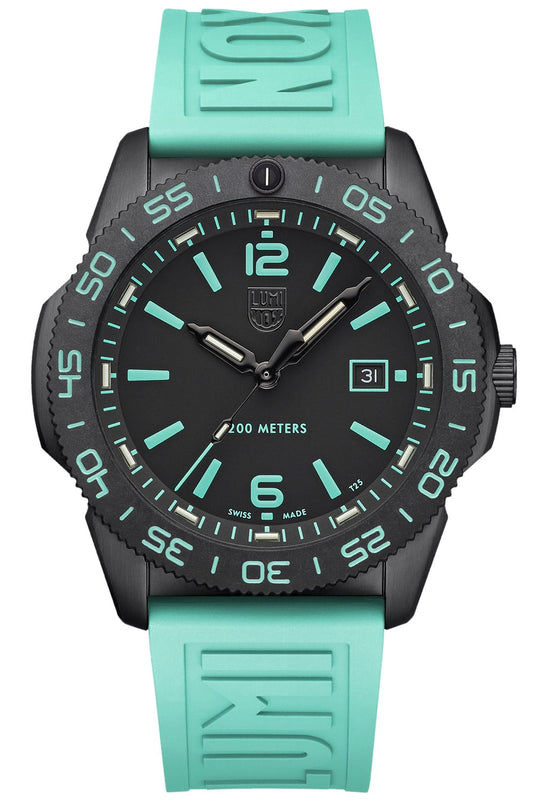 Luminox Herrenuhr mit schwarzem Gehäuse und türkisfarbenem Kautschukband, Taucherziffern