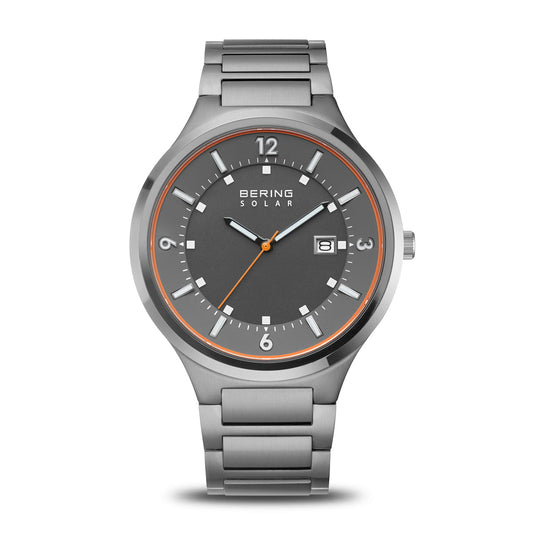 Bering Solar Armbanduhr mit grauem Edelstahlarmband und schwarzem Zifferblatt, orange Akzenten