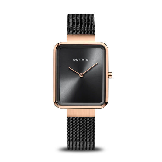 Damenarmbanduhr mit roségoldfarbenem quadratischem Gehäuse, schwarzem Zifferblatt und Milanaise-Armband