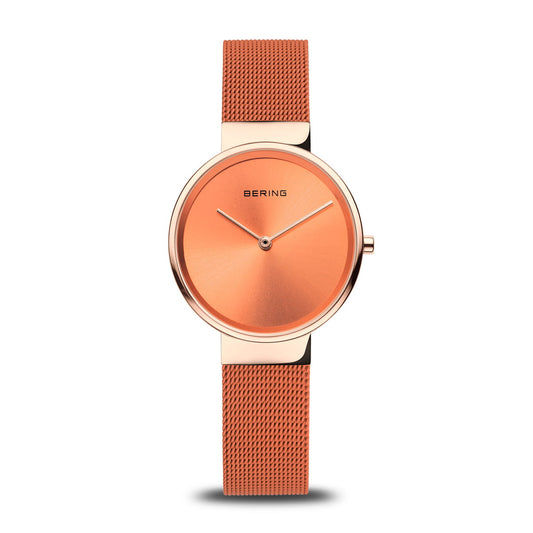 Bering Damenuhr mit orangefarbenem Zifferblatt und Milanaise-Armband, roségold