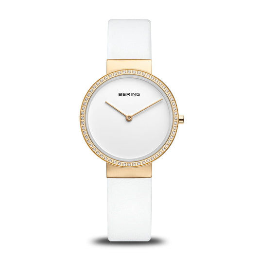Damenuhr mit weißem Lederarmband, weißem Zifferblatt und goldfarbener Lünette