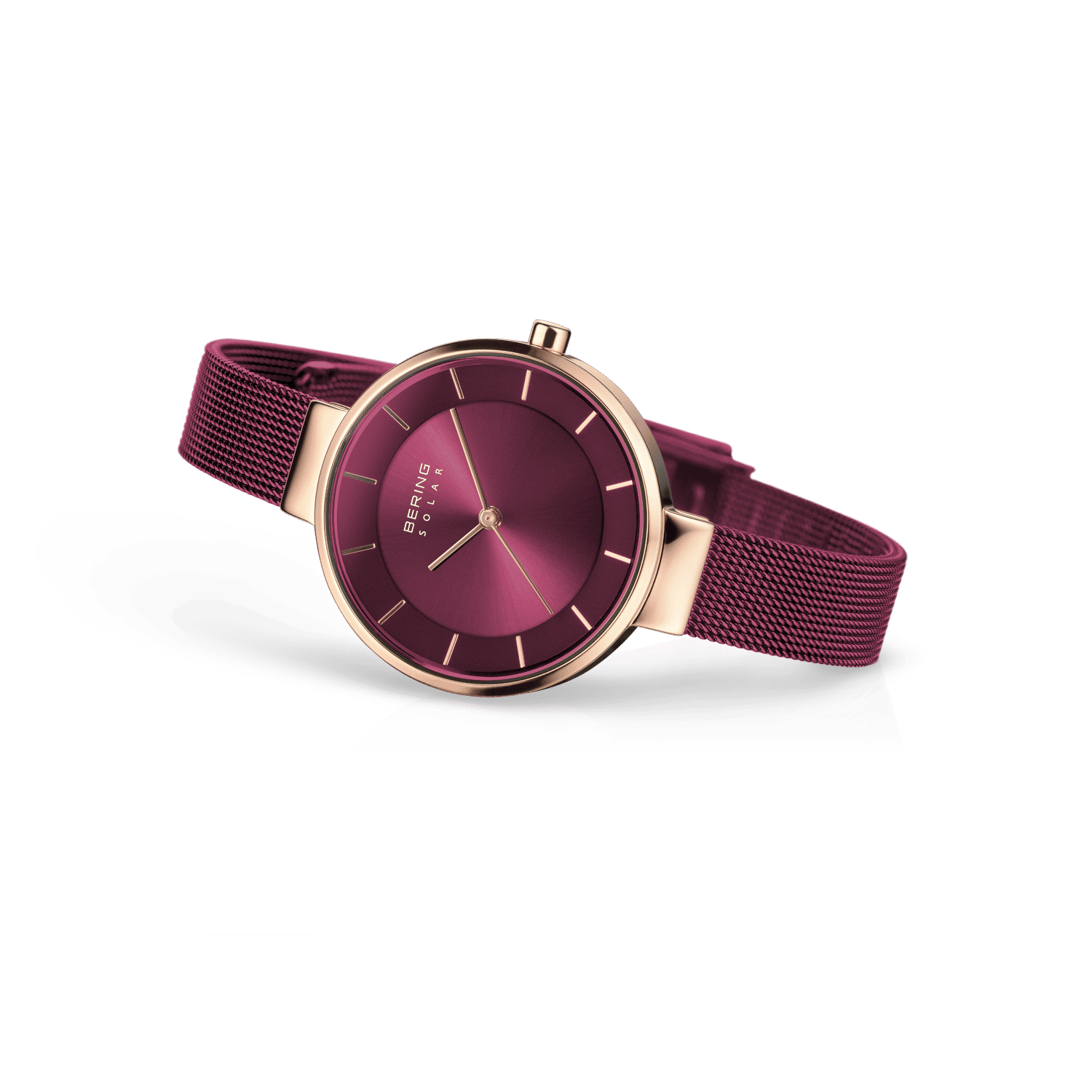 Bering Damen-Armbanduhr mit violettem Zifferblatt, roségoldenem Gehäuse und Meshband
