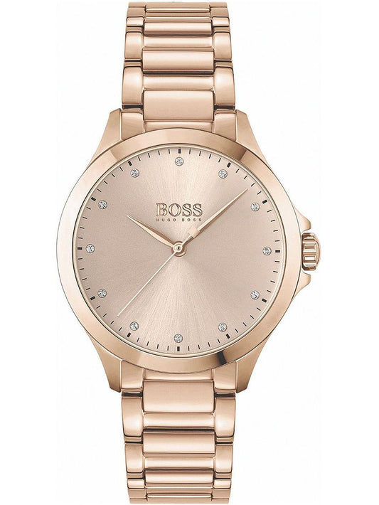 Damenarmbanduhr BOSS Grace, Roségoldfarbenes Metallband, beiges Zifferblatt mit Steinbesatz