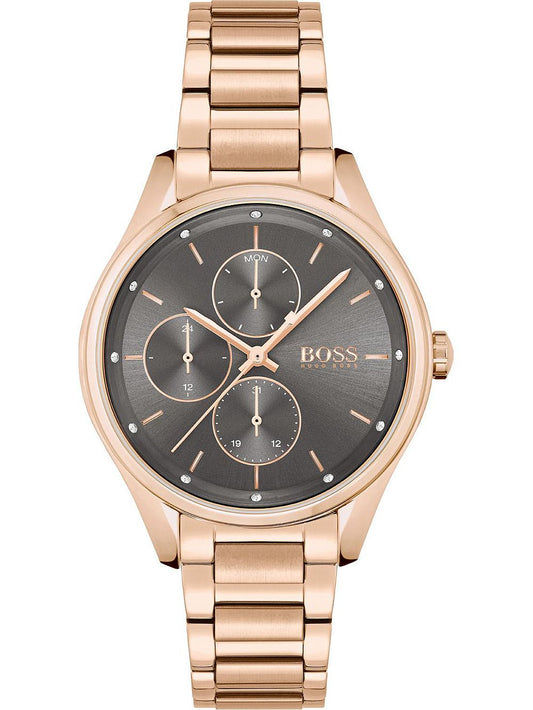 Damenuhr mit roségoldfarbenem Edelstahlarmband, schwarzem Chronographenzifferblatt