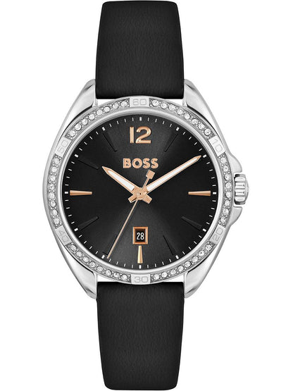 BOSS Felina 1502624 Damen Armbanduhr Schwarz • Schwarzes Lederarmband • Datumsanzeige