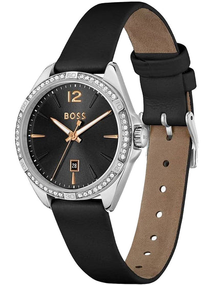 BOSS Felina 1502624 Damen Armbanduhr Schwarz • Schwarzes Lederarmband • Datumsanzeige, Bild 2