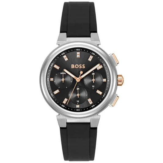 BOSS One Damenuhr mit schwarzem Silikonarmband, rundem Gehäuse und schwarzem Zifferblatt