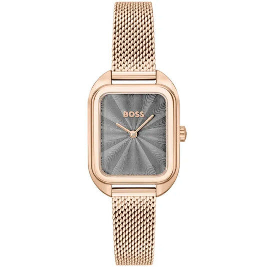 BOSS Damenarmbanduhr mit Mesh-Armband, roségoldfarbenem Gehäuse und grauem Zifferblatt