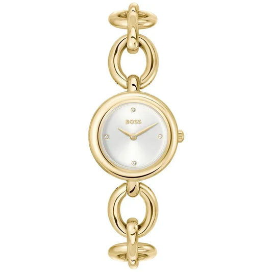 Damenarmbanduhr mit rundem 28-mm-Gehäuse, goldenem Gliederarmband und weißem Zifferblatt