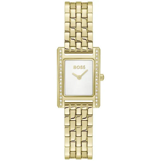 BOSS Damenarmbanduhr goldfarben mit rechteckigem Zifferblatt, Steinbesatz und Gliederarmband