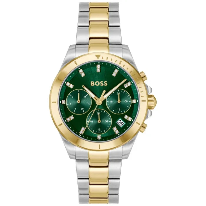 BOSS Alley 1502827 Damen Armbanduhr Grün • Quarzwerk • Bicolor Edelstahl