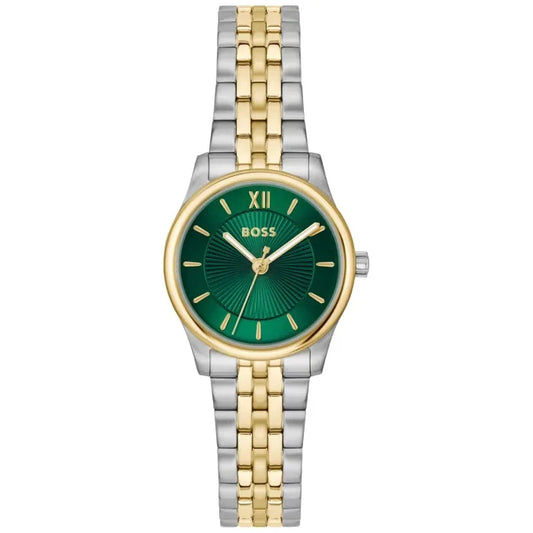 Damenarmbanduhr mit grünem Zifferblatt, römischen Ziffern und bicolorem Edelstahlband.