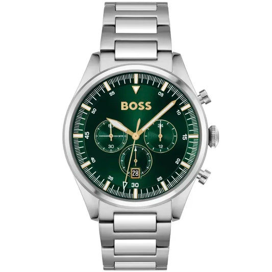 Herren-Chronograph BOSS Pioneer, grünes Zifferblatt, Edelstahlarmband, Quarzwerk