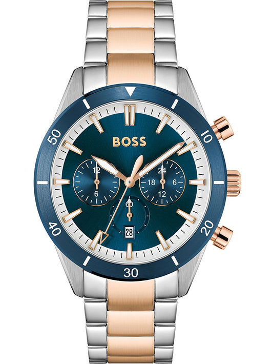 BOSS Santiago Herrenuhr mit blauem Zifferblatt, Chronograph, Edelstahlarmband, Mineralglas