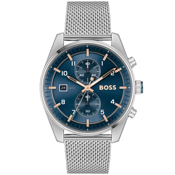 BOSS Skytraveller 1514149 Herren Armbanduhr Blau • Chronograph • Edelstahl-Mesh-Armband