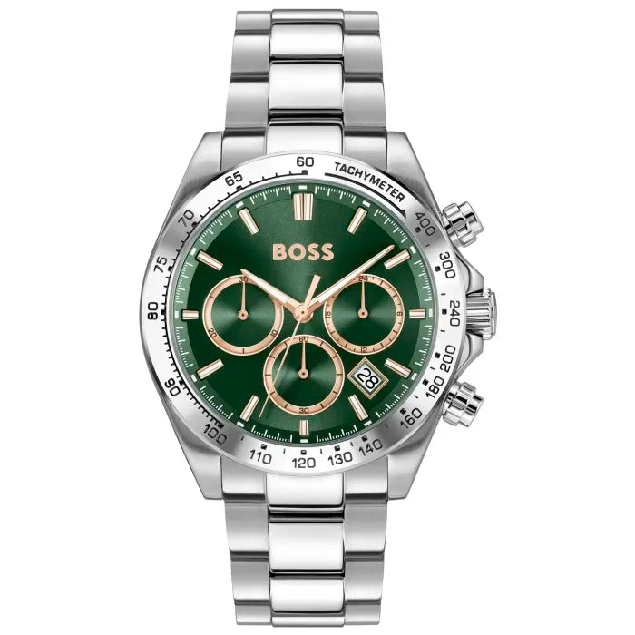 BOSS Hero Sport 1514268 Herrenuhr Grün • Chronograph mit Datum • Edelstahlarmband