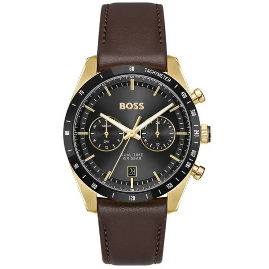 BOSS Herrenarmbanduhr mit schwarzem Zifferblatt, Chronograph-Subdials, Tachymeter-Lünette, braunem Lederband