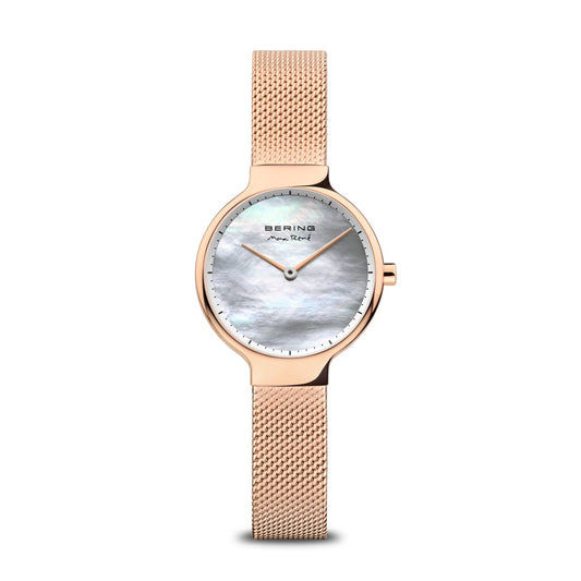 Damenuhr mit Roségoldgehäuse, Saphirglas und Milanaise-Armband, weißes Zifferblatt