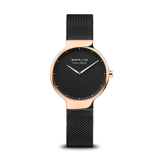 Damenuhr mit schwarzem Zifferblatt, roségoldenem Gehäuse und schwarzem Milanaise-Armband