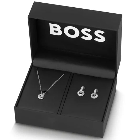 Schmuck-Geschenkset: silberne Kette und Ohrclips im schwarzen Etui