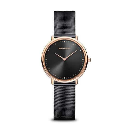 Damenuhr mit schwarzem Zifferblatt, Roségoldgehäuse und schwarzem Milanaise-Armband